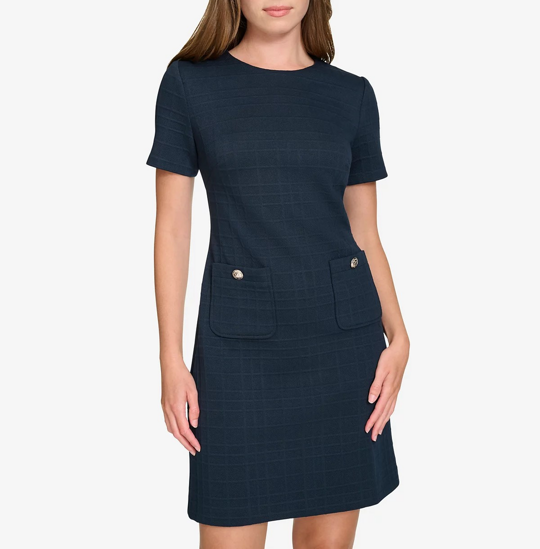 Tommy Hilfiger Petite Grid-Knit Short-Sleeve Shift Dress MSRP $99