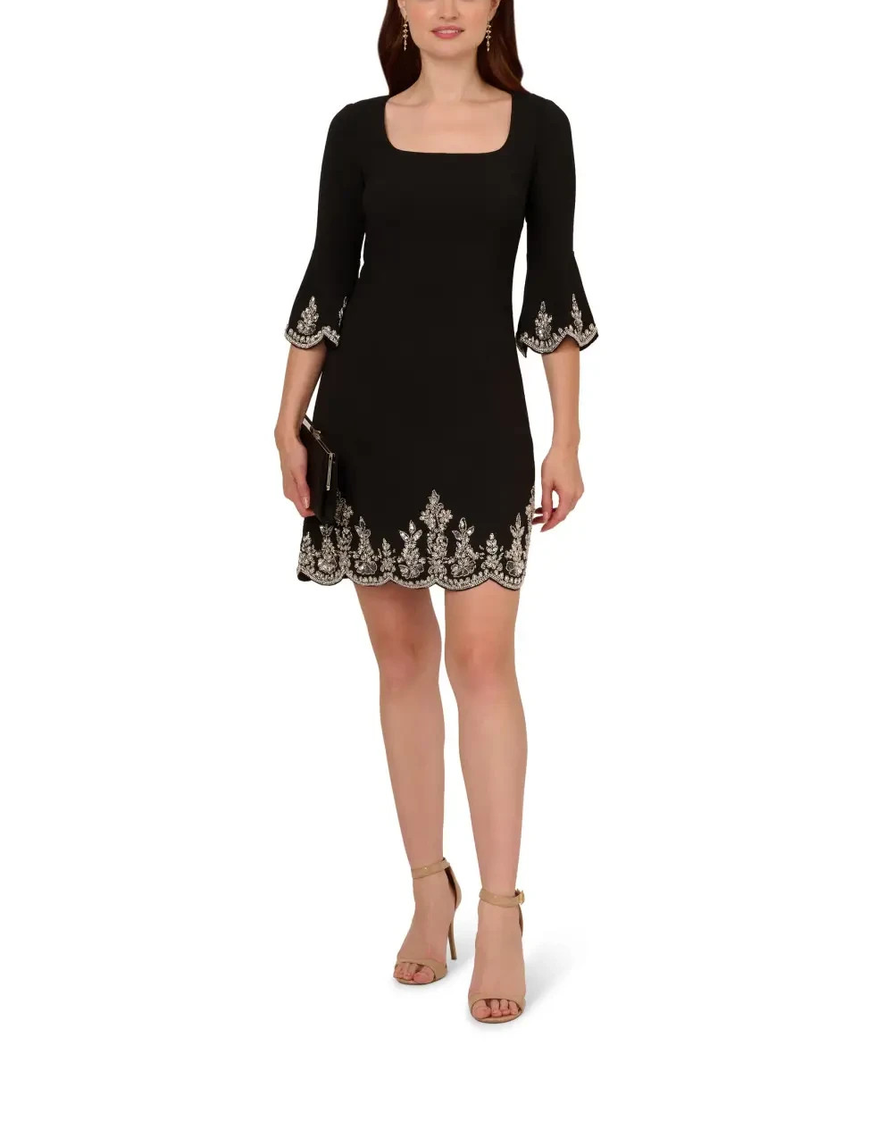 Adrianna Papell Beaded Crepe Bell Sleeve Dress MSRP $ 249
