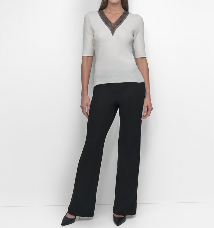 DKNY Women's Embellished-Neck Half-Sleeve Ribbed Sweater MSRP $89