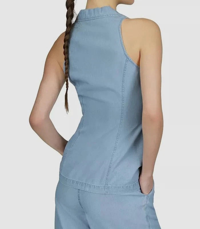 Michael Kors Women's Blue Sleeveless Collared Top MSRP $98
