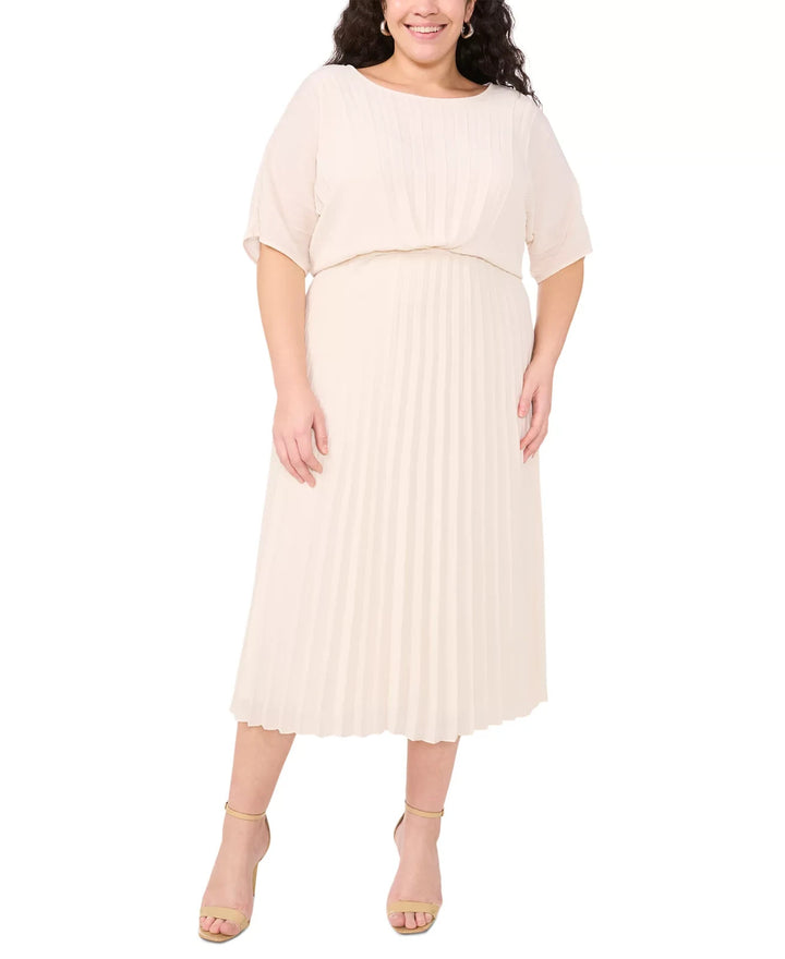MSK Plus Size Round-Neck Flutter-Sleeve Pleated Midi Dress MSRP $119