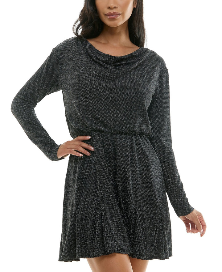 City Studios Juniors' Metallic Draped-Neck Godet-Hem Dress MSRP $59