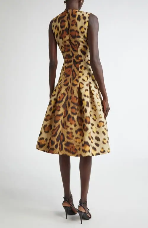 Oscar de la Renta Jaguar Print Pleated Faille Cocktail Dress MSRP $3690