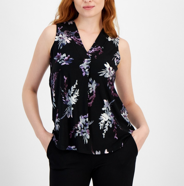 Anne Klein Women's Printed Sleeveless V-Neck Shell Top MSRP $49