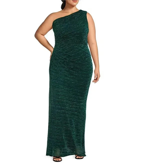 Betsy & Adam Plus Size Metallic One-Shoulder Gown MSRP $269