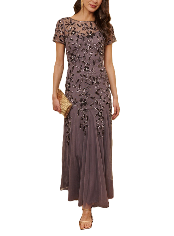 Adrianna Papell Hand Beaded Short Sleeve Floral Godet Gown MSRP $300