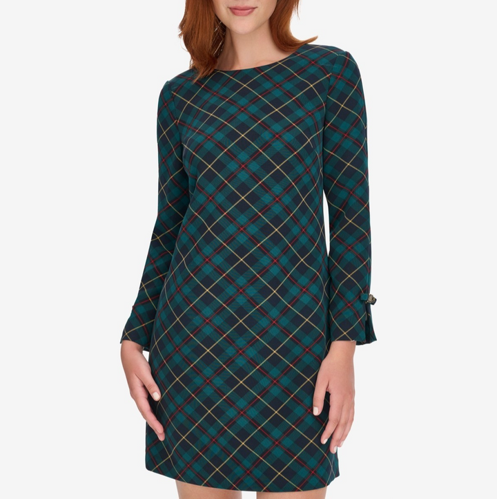 Tommy Hilfiger Women's Plaid Long-Sleeve Bow-Cuff Dress MSRP $ 119