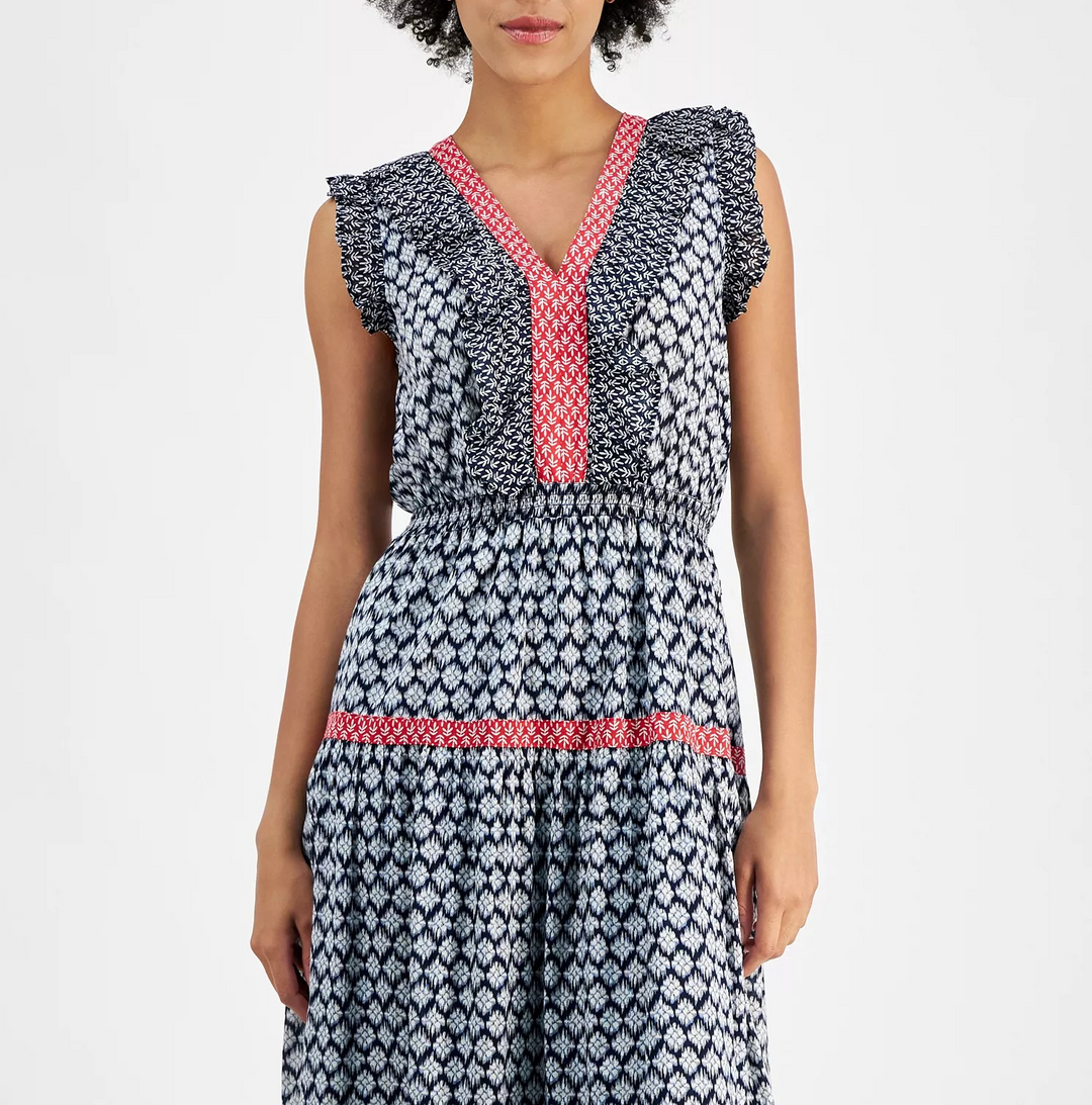 Nautica Jeans Women's Mixed-Print Tiered Midi Dress MSRP $119