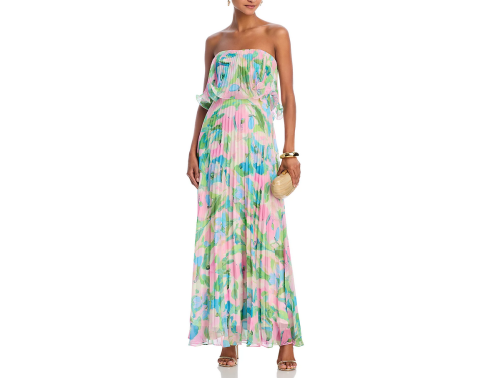 AQUA Printed Pleated Strapless Dress MSRP $298