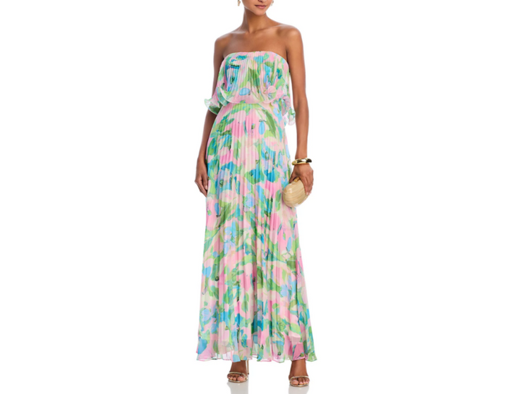 AQUA Printed Pleated Strapless Dress MSRP $298