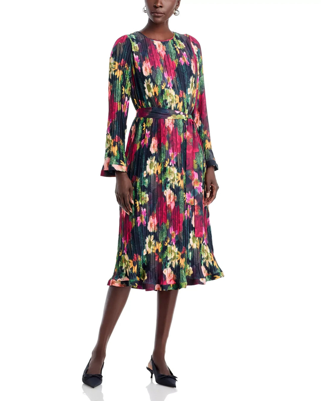 T Tahari Round Neck Novelty Pleated Dress MSRP $148