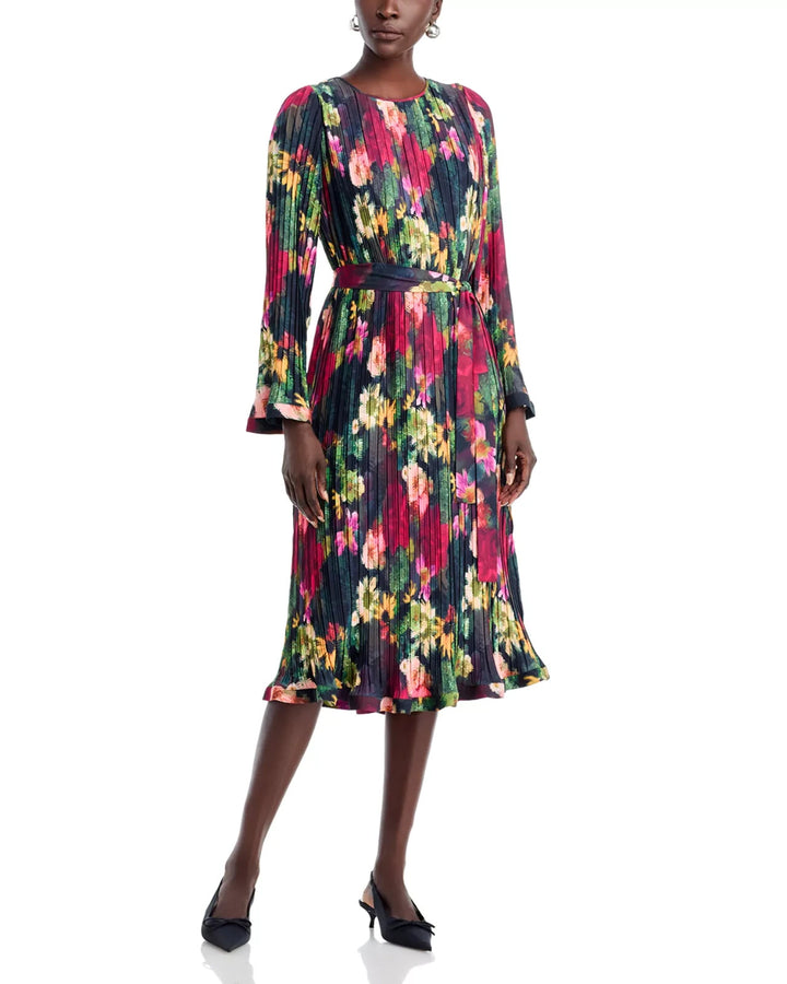 T Tahari Round Neck Novelty Pleated Dress MSRP $148