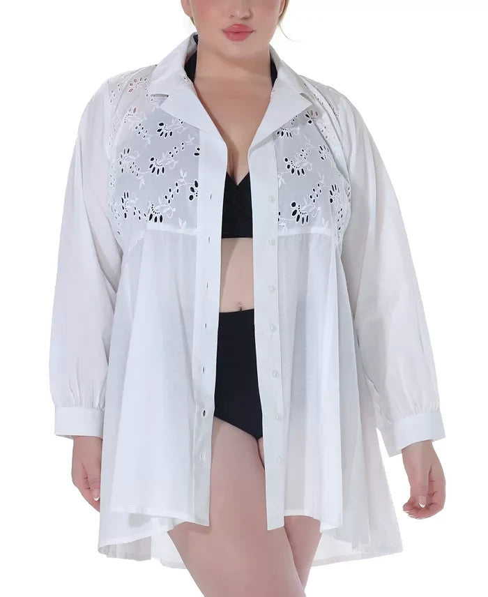 Raviya Plus Size Cotton Eyelet Button-Front Cover-Up Dress MSRP $58