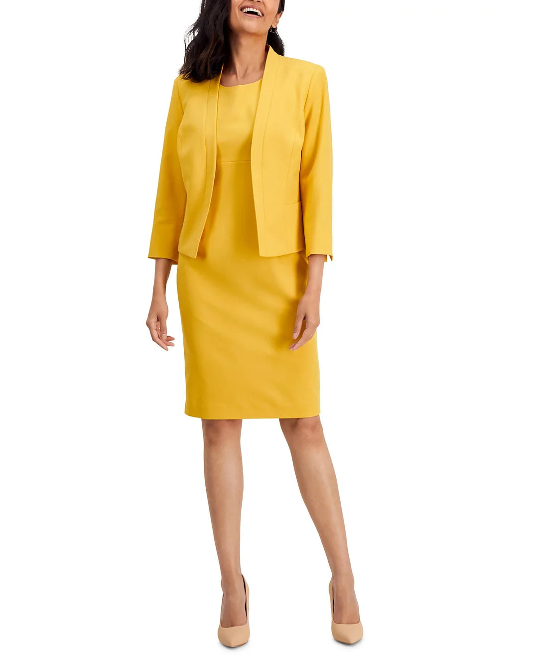 Le Suit Crepe Open Front Jacket & Crewneck Sheath Dress Suit MSRP $300