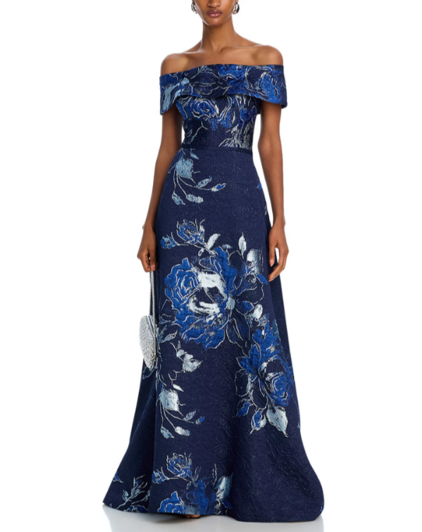 Teri Jon by Rickie Freeman Off-the-Shoulder Metallic Floral Jacquard Gown $880