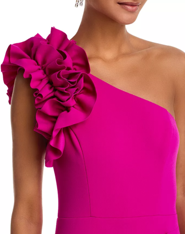 AQUA One Shoulder Ruffle Crepe Gown MSRP $298