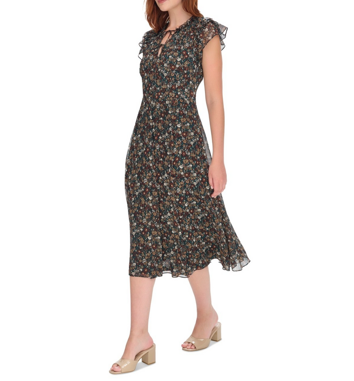 Tommy Hilfiger Tie-Neck Flutter-Sleeve MIDI Dress MSRP $ 129