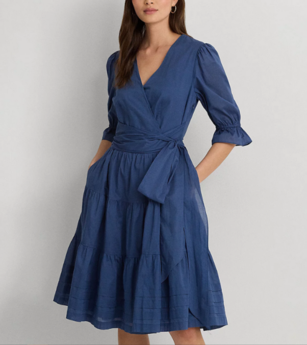 Lauren Ralph Lauren Tie-Front Cotton Voile Surplice Dress MSRP $225
