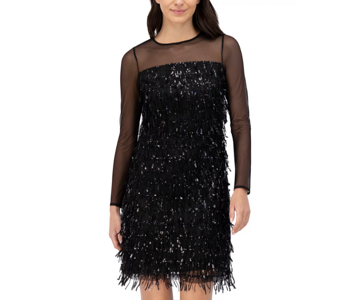 Eliza J Illusion Sequin Fringe Shift Dress MSRP $188