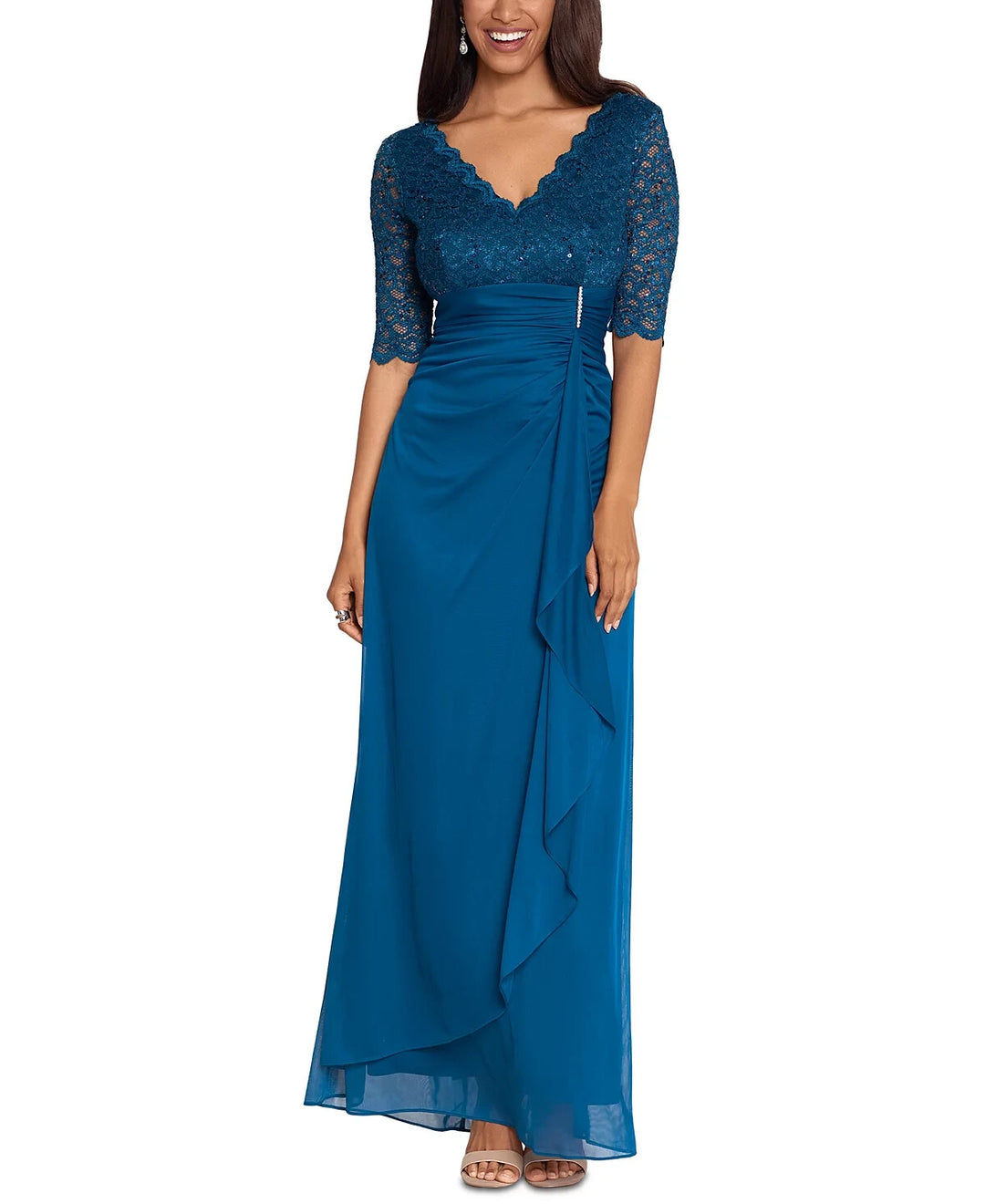 B&A By Betsy & Adam Petite V-Neck Lace-Bodice Gown MSRP $179 DGFOutlet B&A By Betsy & Adam Petite V-Neck Lace-Bodice Gown MSRP $179 DGFOutlet