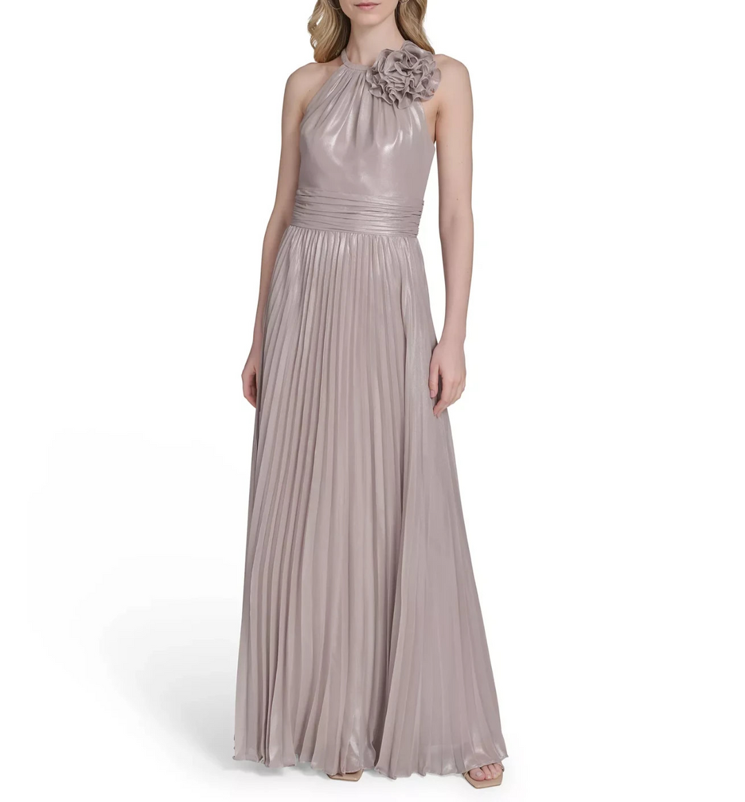 Eliza J Women's Metallic-Print Pleated Halter Gown MSRP $338