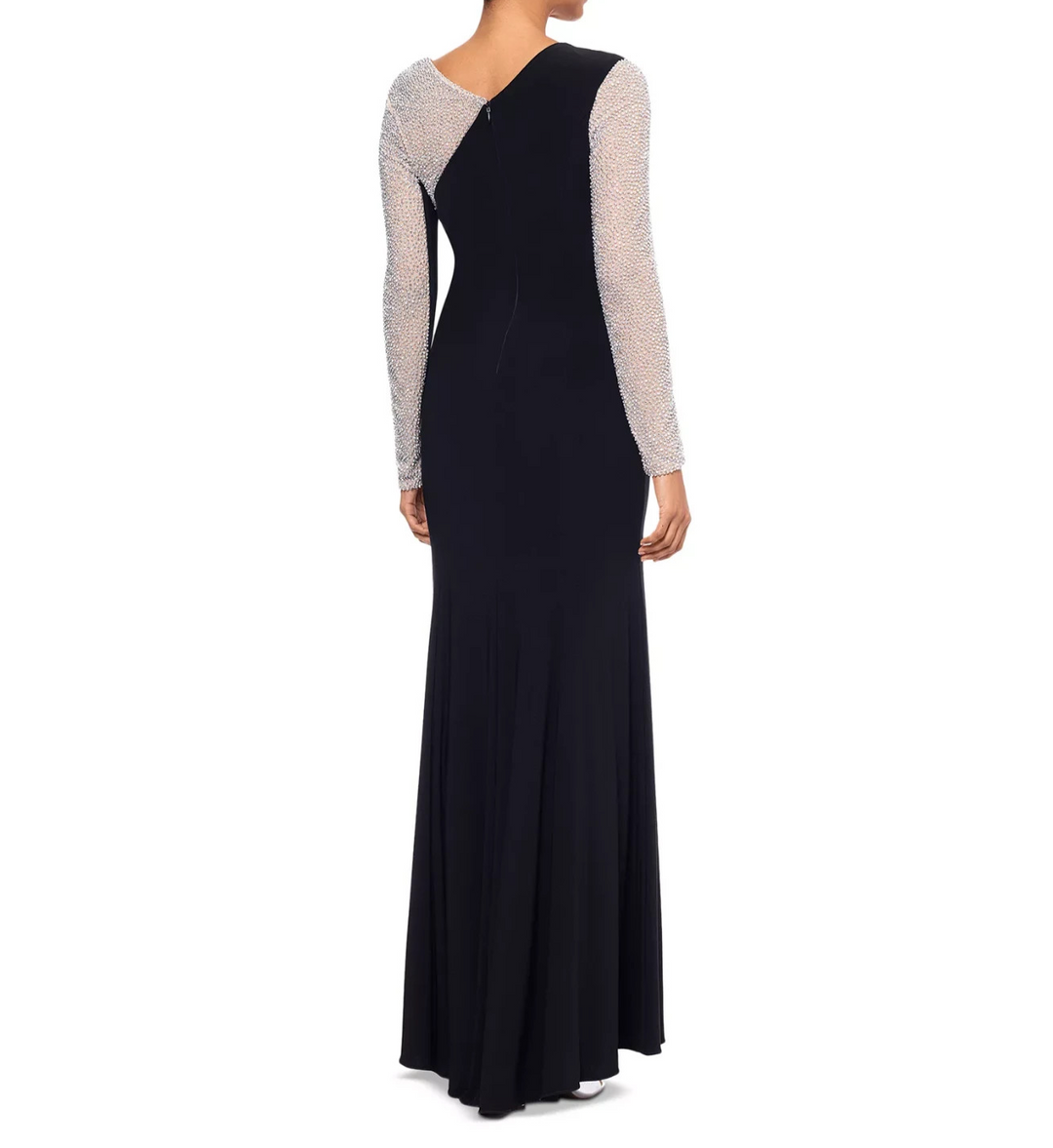 XSCAPE Asymmetrical Rhinestone-Mesh-Sleeve Gown MSRP $289