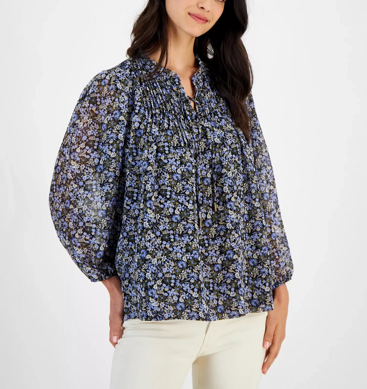 Nautica Jeans Floral-Print Lace-Up Pleated Top MSRP 69.50