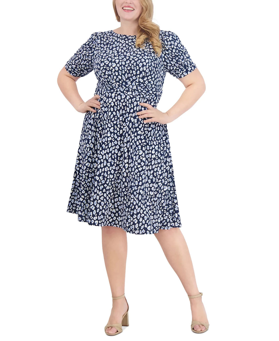 Jessica Howard Plus Size Printed Ruched-Waist Dress MSRP $119