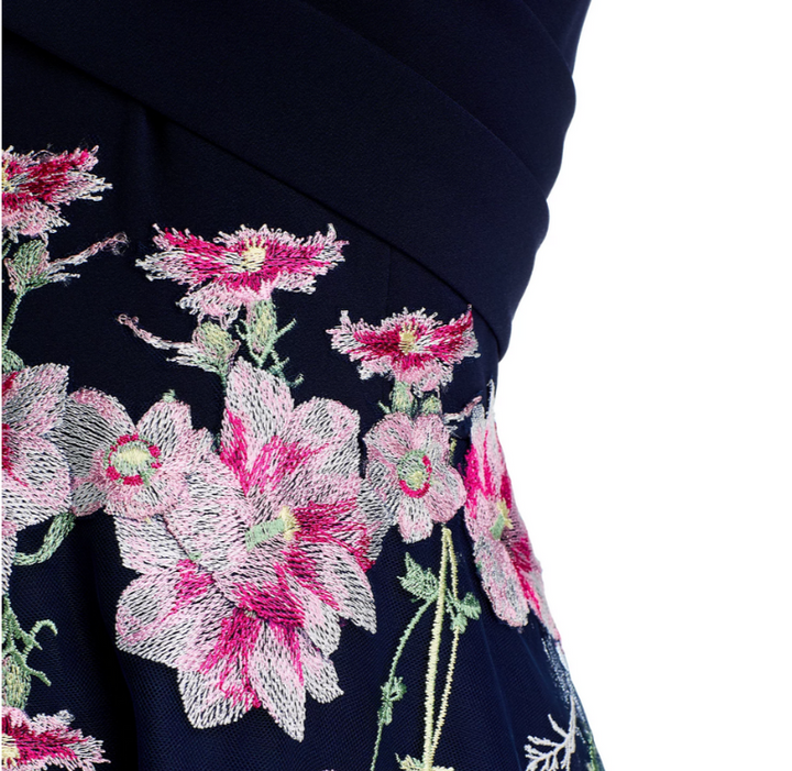 Teri Jon by Rickie Freeman Crepe Off-the-Shoulder Embroidered Tulle Dress $660