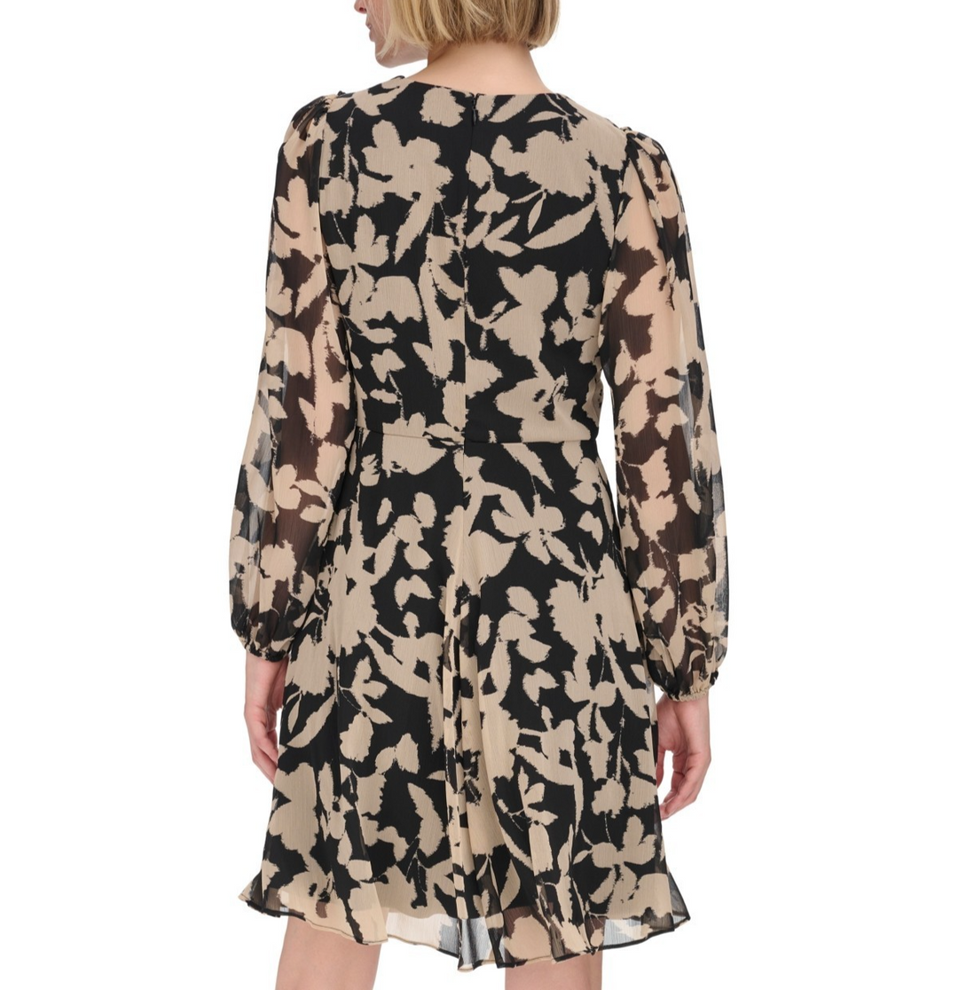 Calvin Klein Printed Jewel-Neck Long-Sleeve Dress MSRP $ 134