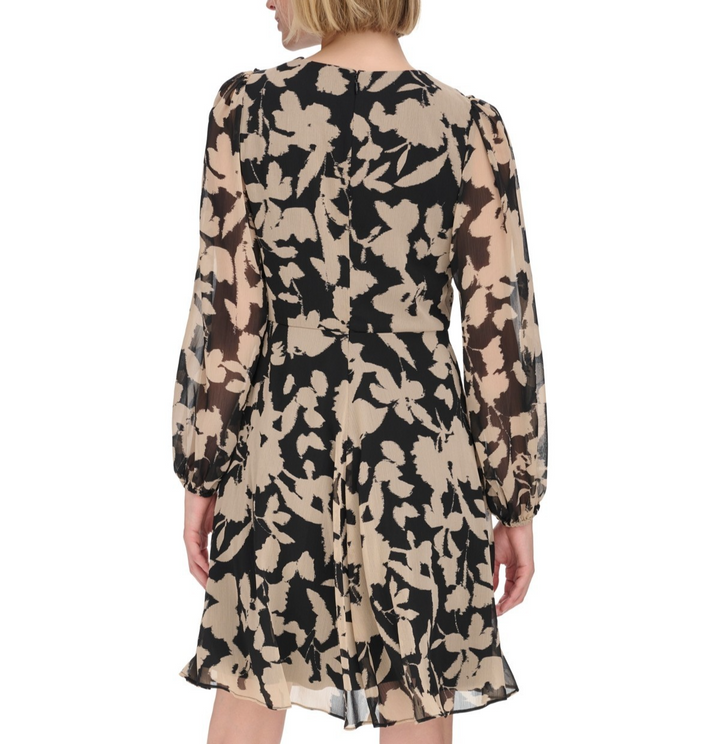 Calvin Klein Printed Jewel-Neck Long-Sleeve Dress MSRP $ 134
