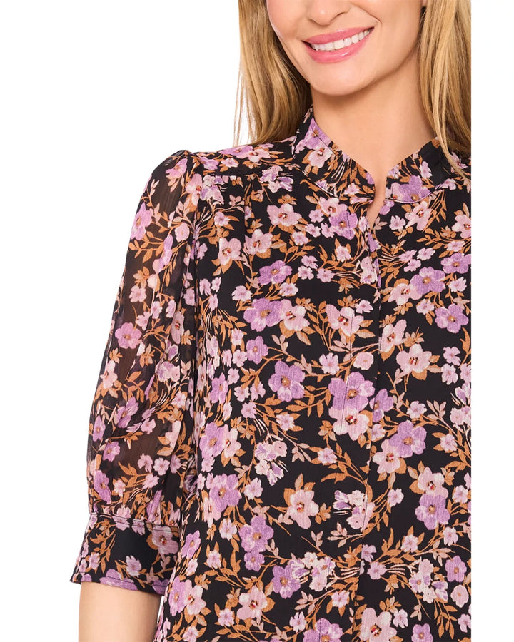 CeCe Printed Ruched Sleeve Top MSRP $69