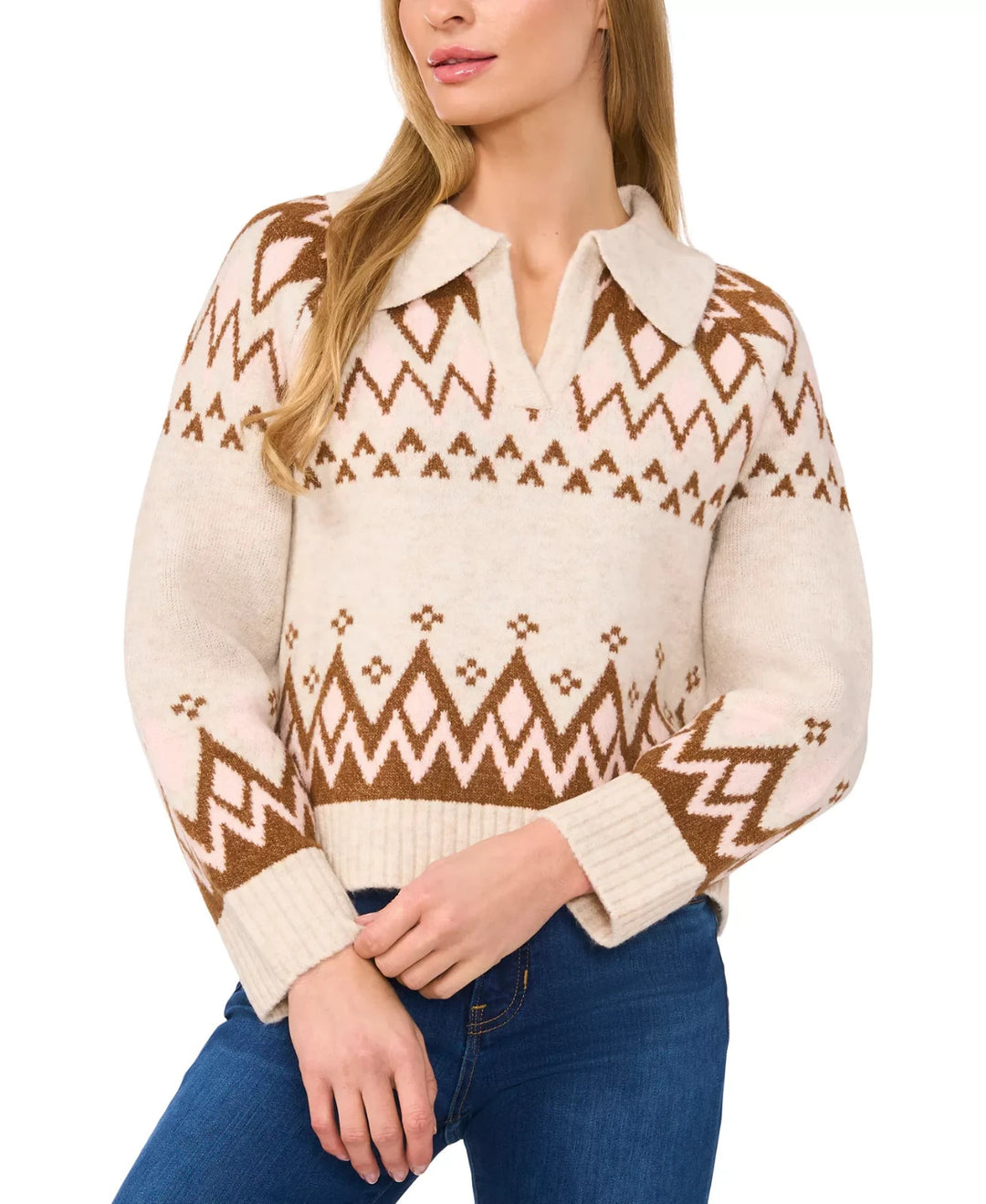 CeCe Women's Collared Fair Isle Sweater MSRP $89