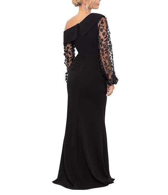 XSCAPE Off-The-Shoulder Floral-Sleeve Scuba Crepe Gown MSRP $299