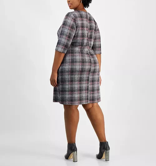 Connected Plus Size 3/4-Sleeve Plaid Sheath Dress MSRP $79