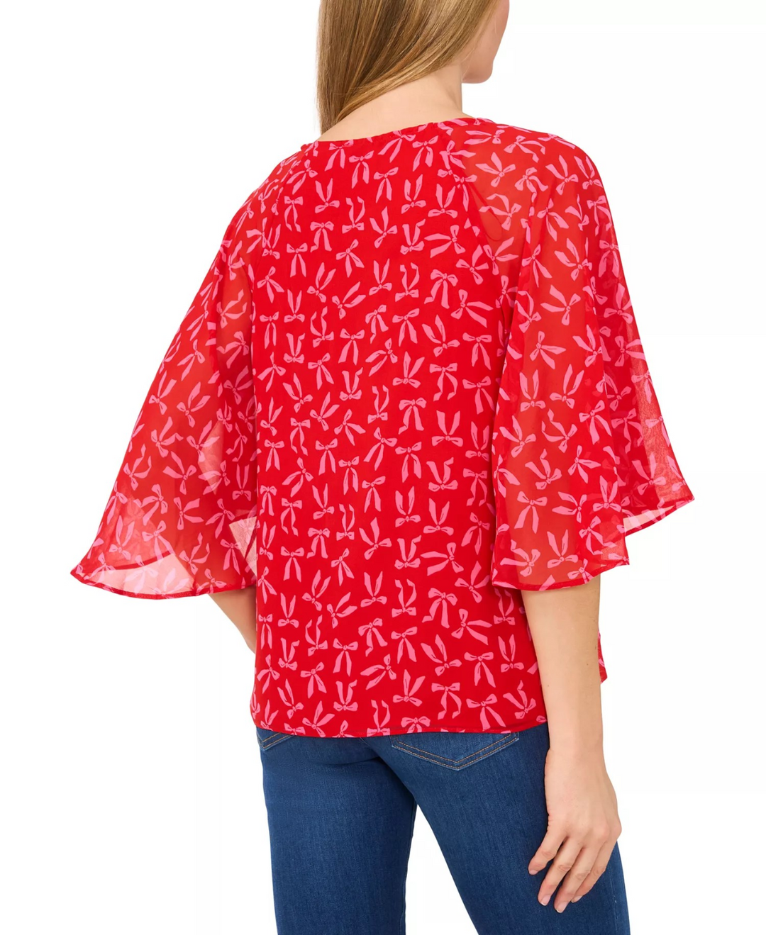 CeCe Women's Bow-Print Tie-Neck Raglan-Sleeve Top MSRP $79