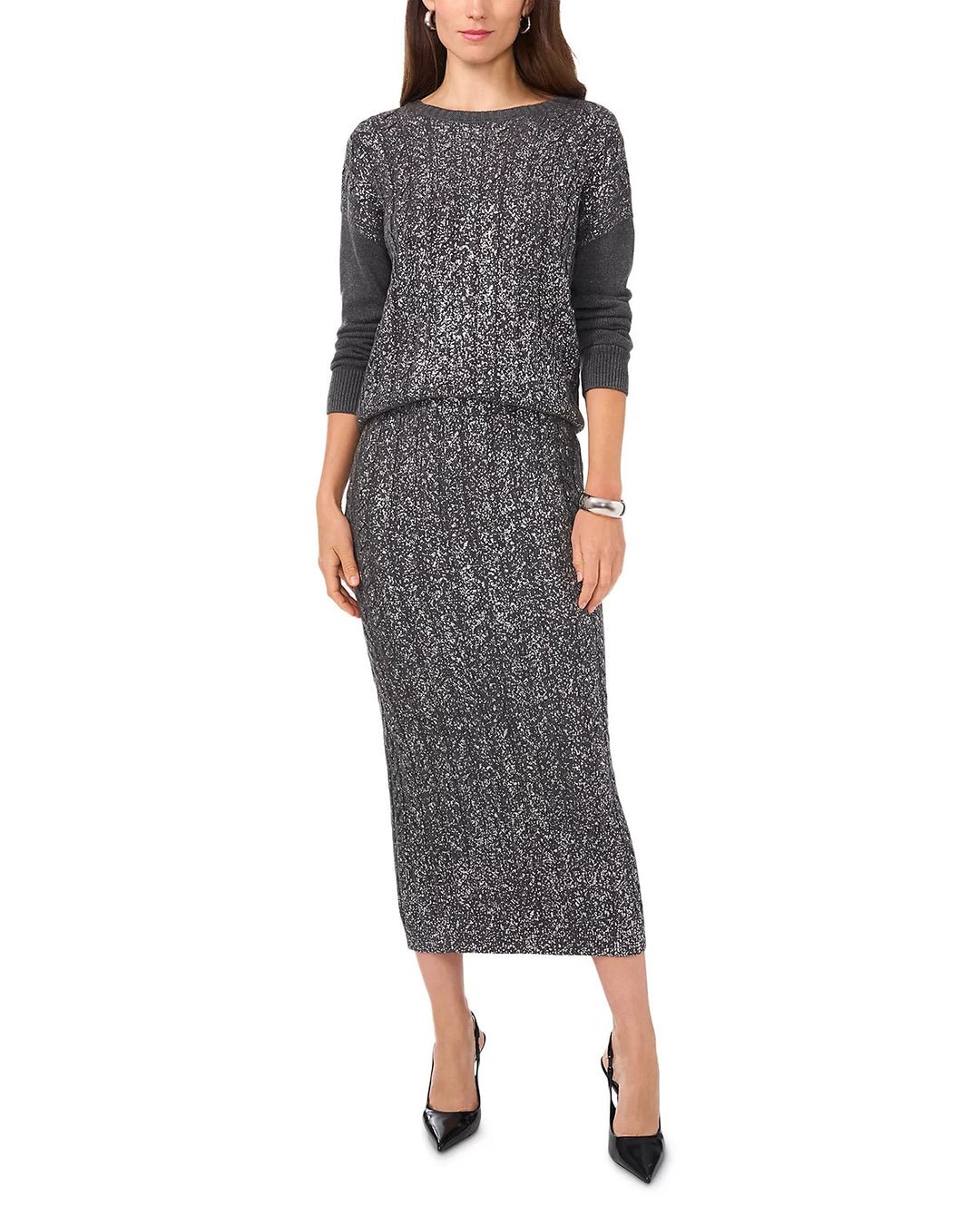 Vince Camuto Cable-Knit Shine Pull-On Midi Sweater Skirt MSRP $99