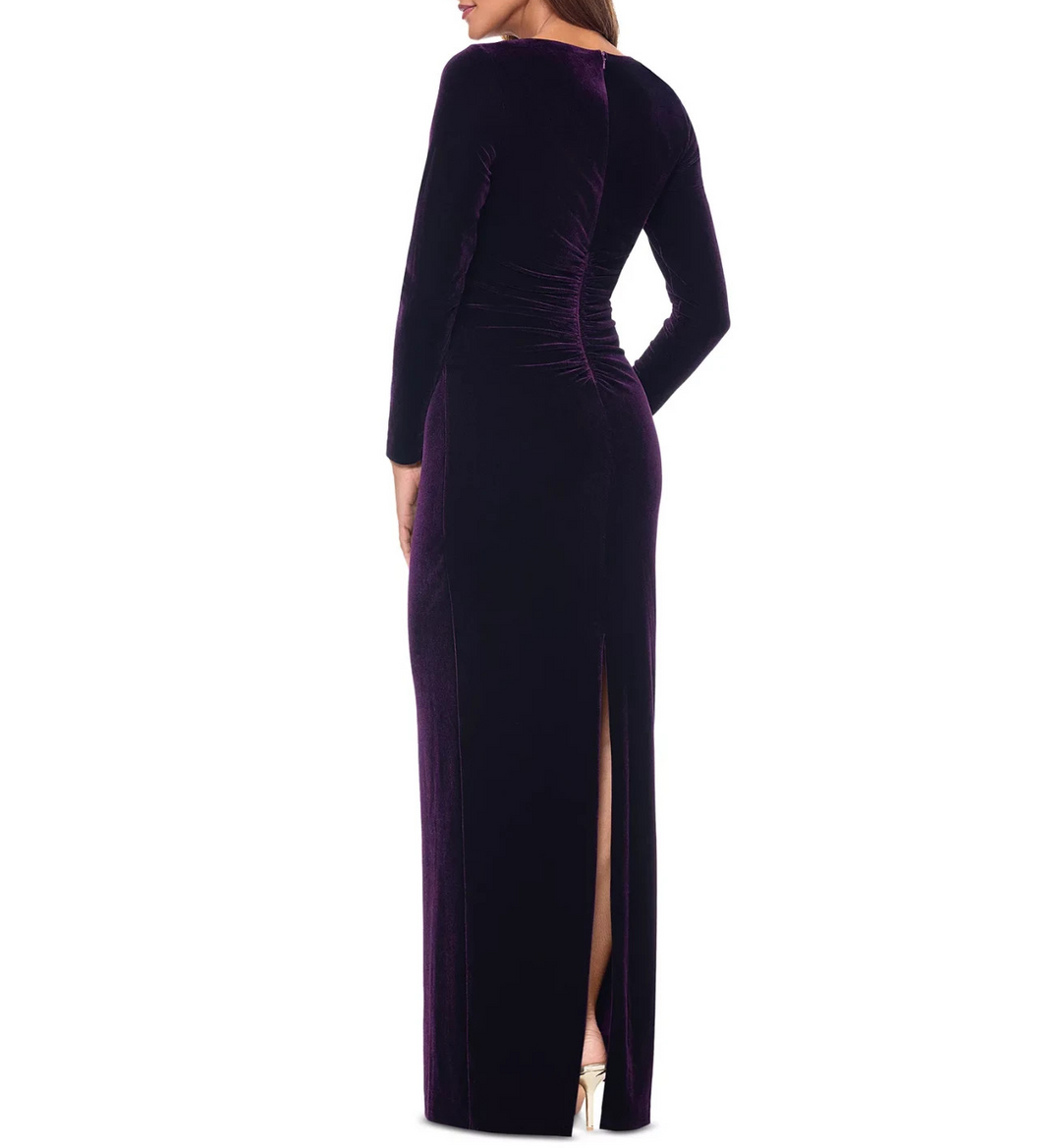 XSCAPE Boat-Neck Long-Sleeve Ruched Velvet Dress 
