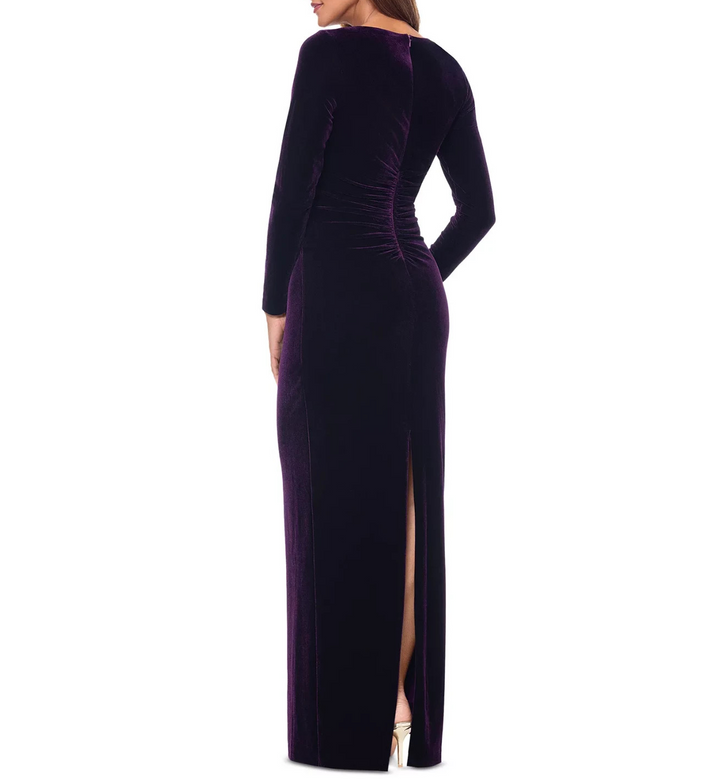 XSCAPE Boat-Neck Long-Sleeve Ruched Velvet Dress 