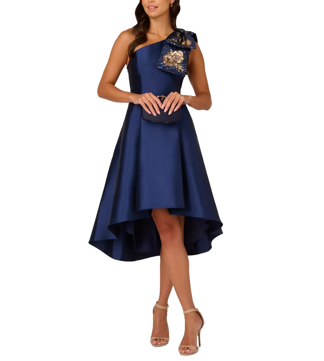 Adrianna Papell Women's Sequined Mikado One-Shoulder Dress MSRP $249