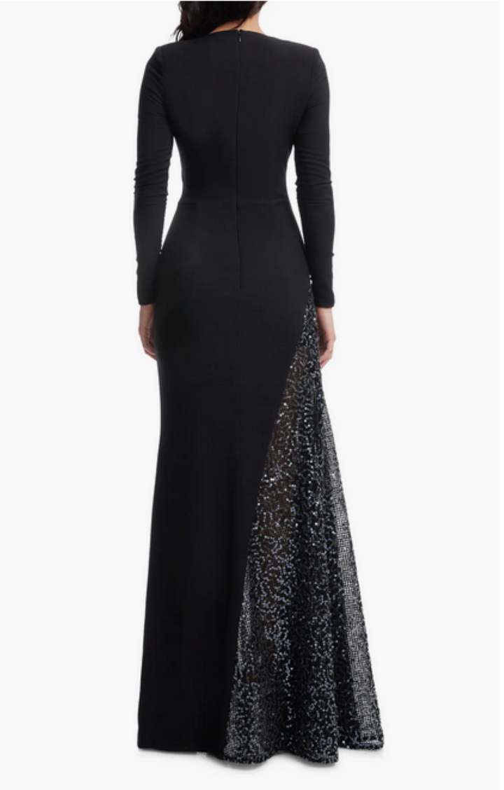 Dress the Population Winnie Sequin Panel Long Sleeve Gown MSRP $428