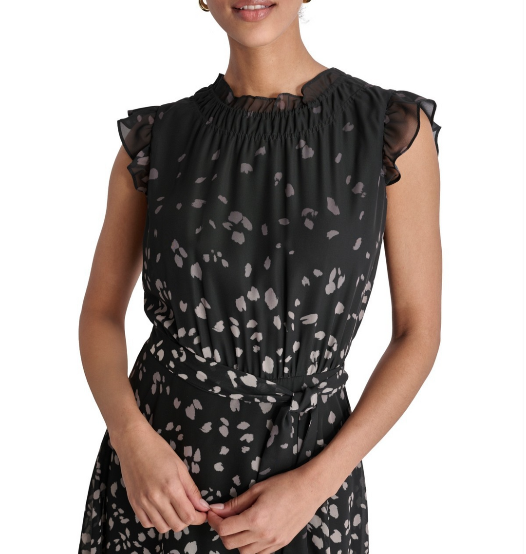 DKNY Women's Printed Ruffled Belted Midi Dress MSRP $ 134