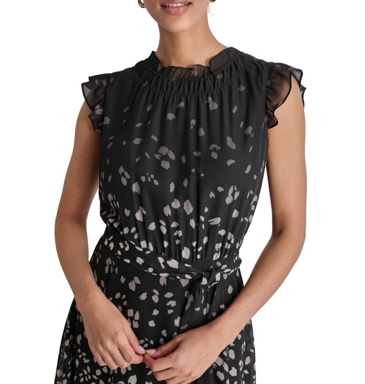 DKNY Women's Printed Ruffled Belted Midi Dress MSRP $ 134