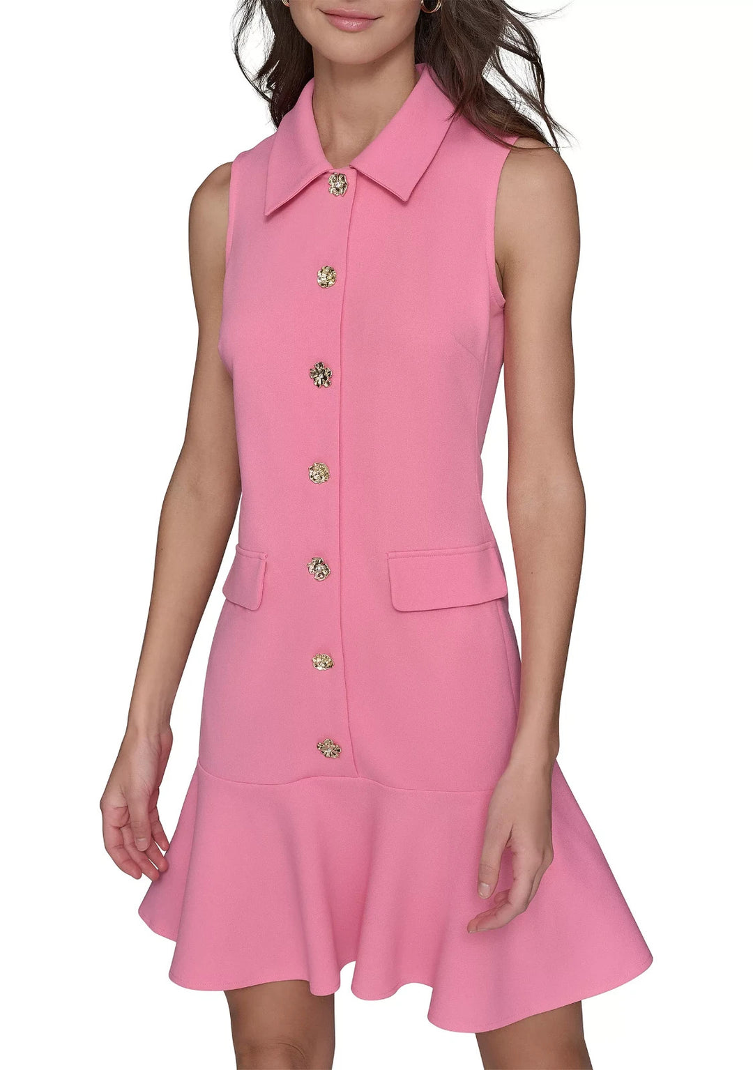KARL LAGERFELD PARIS Flower-Button Collared Sleeveless Shift Dress MSRP $138