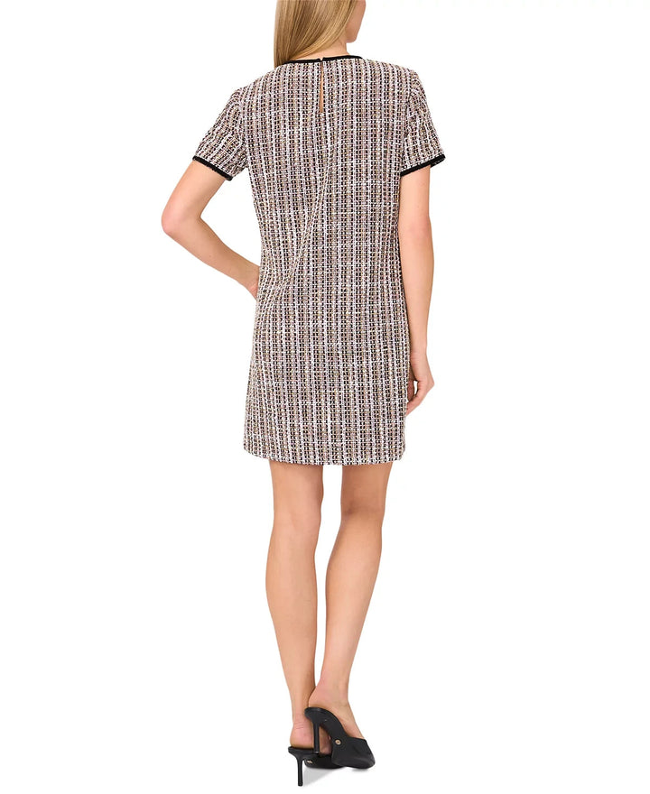 CeCe Contrast-Trim Tweed Short-Sleeve Dress