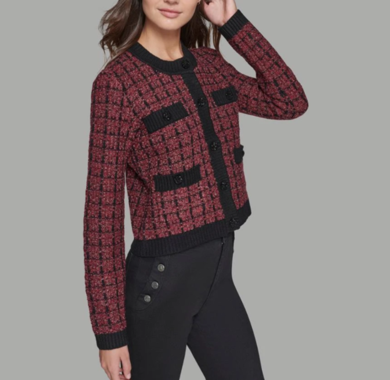 KARL LAGERFELD PARIS Button Front Shine Tweed Cardigan