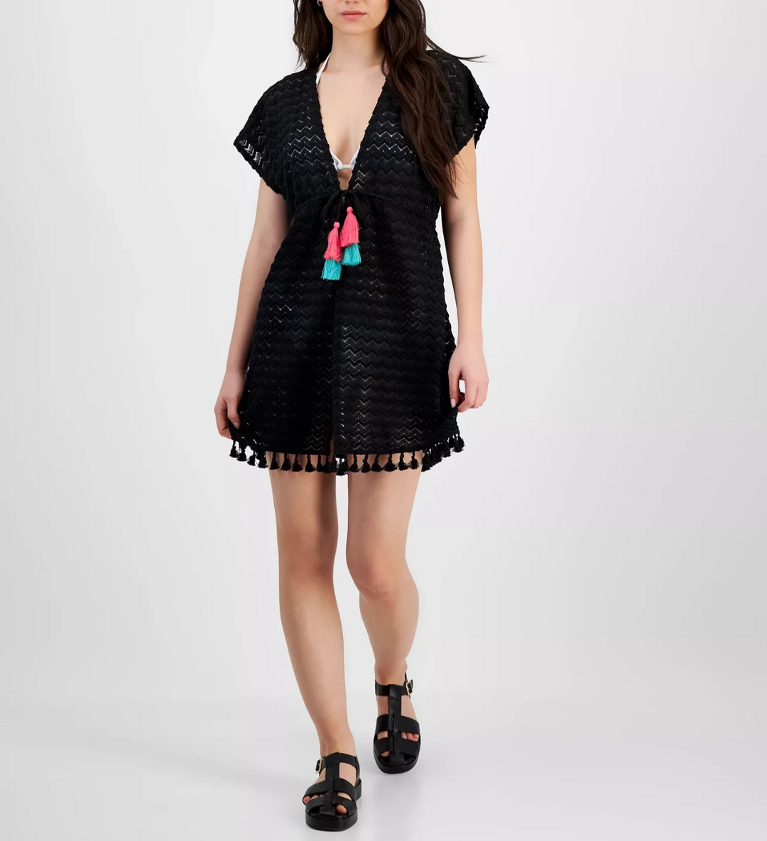 Miken Crochet Tassel-Trimmed Tie-Front Kimono Cover-Up MSRP $34