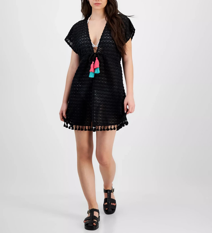 Miken Crochet Tassel-Trimmed Tie-Front Kimono Cover-Up MSRP $34