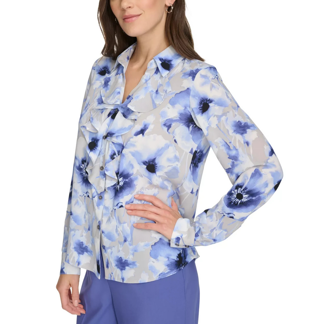 Calvin Klein Women's Printed Ruffle-Collar Blouse MSRP $79