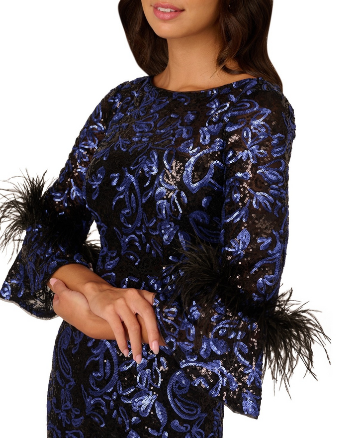 Adrianna Papell Sequined Feather-Trim Gown MSRP $299